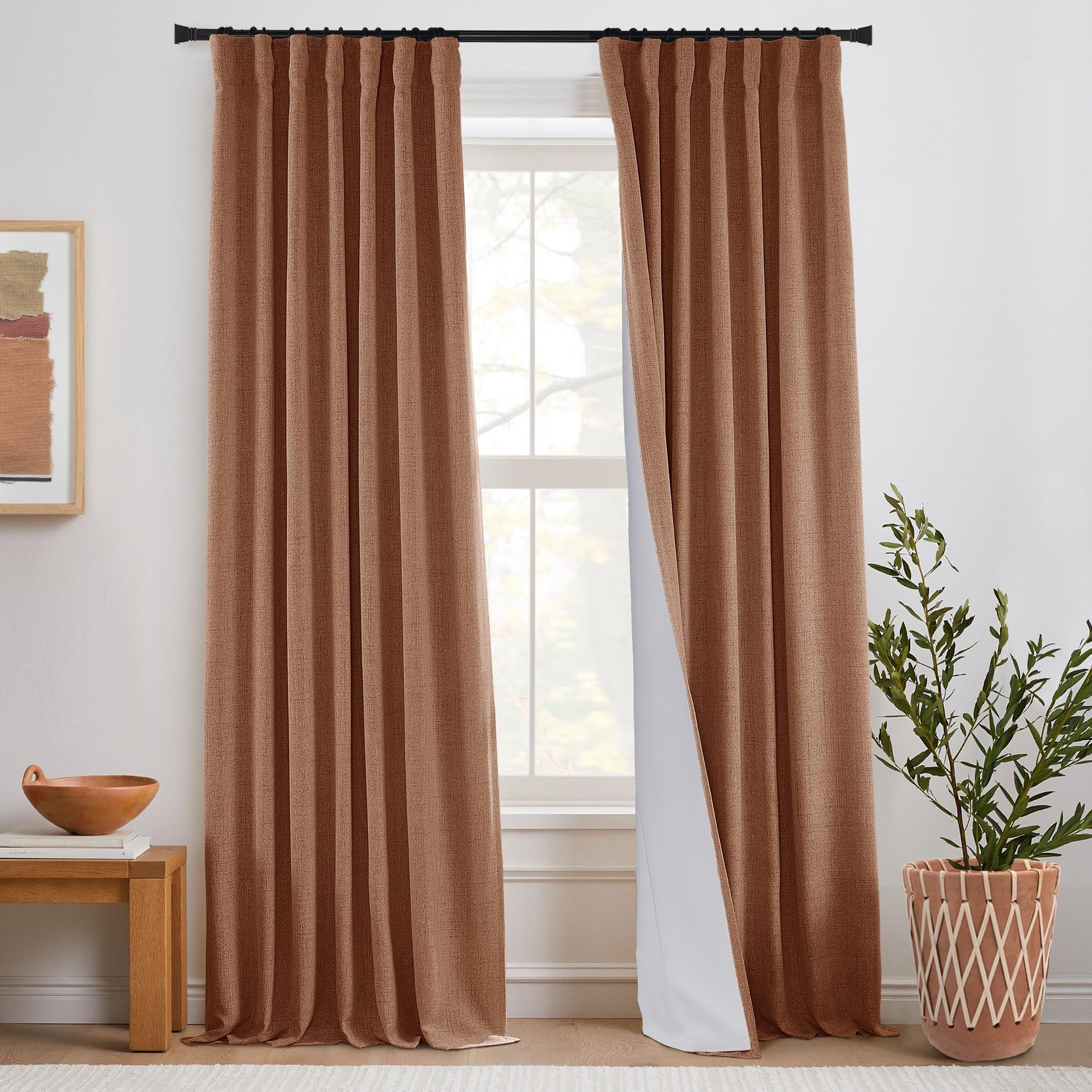 Teracotta Linen Blackout Curtains 108 Inches Long, Western Home Decor Southwestern Drapes for Track System or Floor to Ceiling Living Room Bedroom