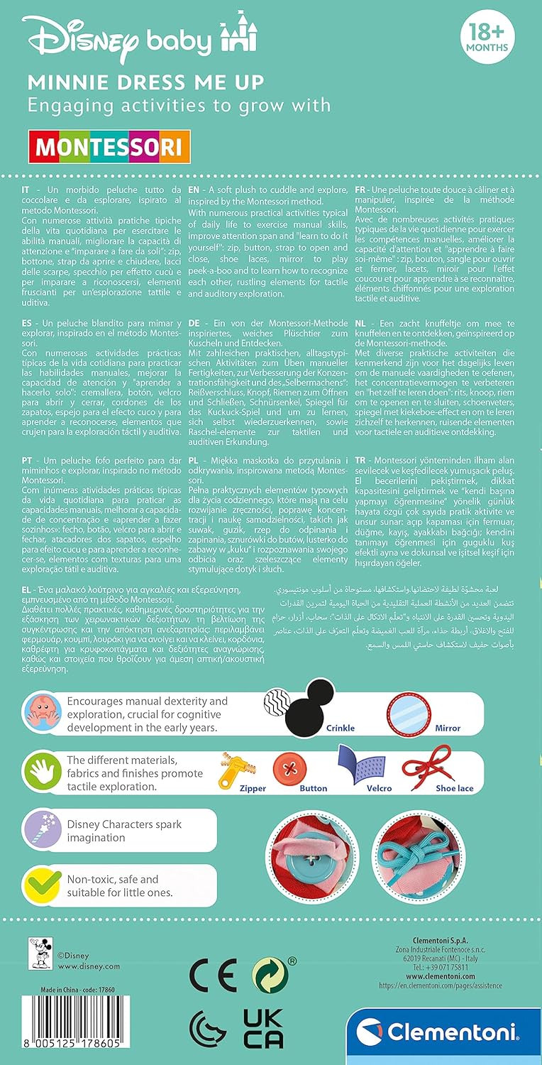 Clementoni Disney Baby Minnie Dress Up Infant to Develop Fine Motor Skills and Manual Skills, Montessori Game 1 Year, Baby Toy 18 Months, Multicolor (17860)