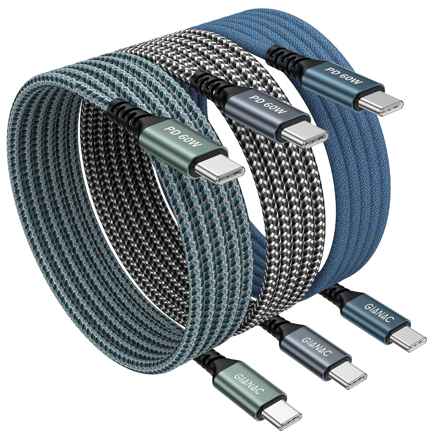 GIANAC USB C Cable, Pack of 3, 2 m Fast Charging Cable, USB C to USB C