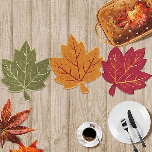 Miniatura 8 de OWENIE Juego de 4 manteles individuales de hojas de otoño, manteles individuales bordados de hojas de arce, decoraciones de otoño de Acción