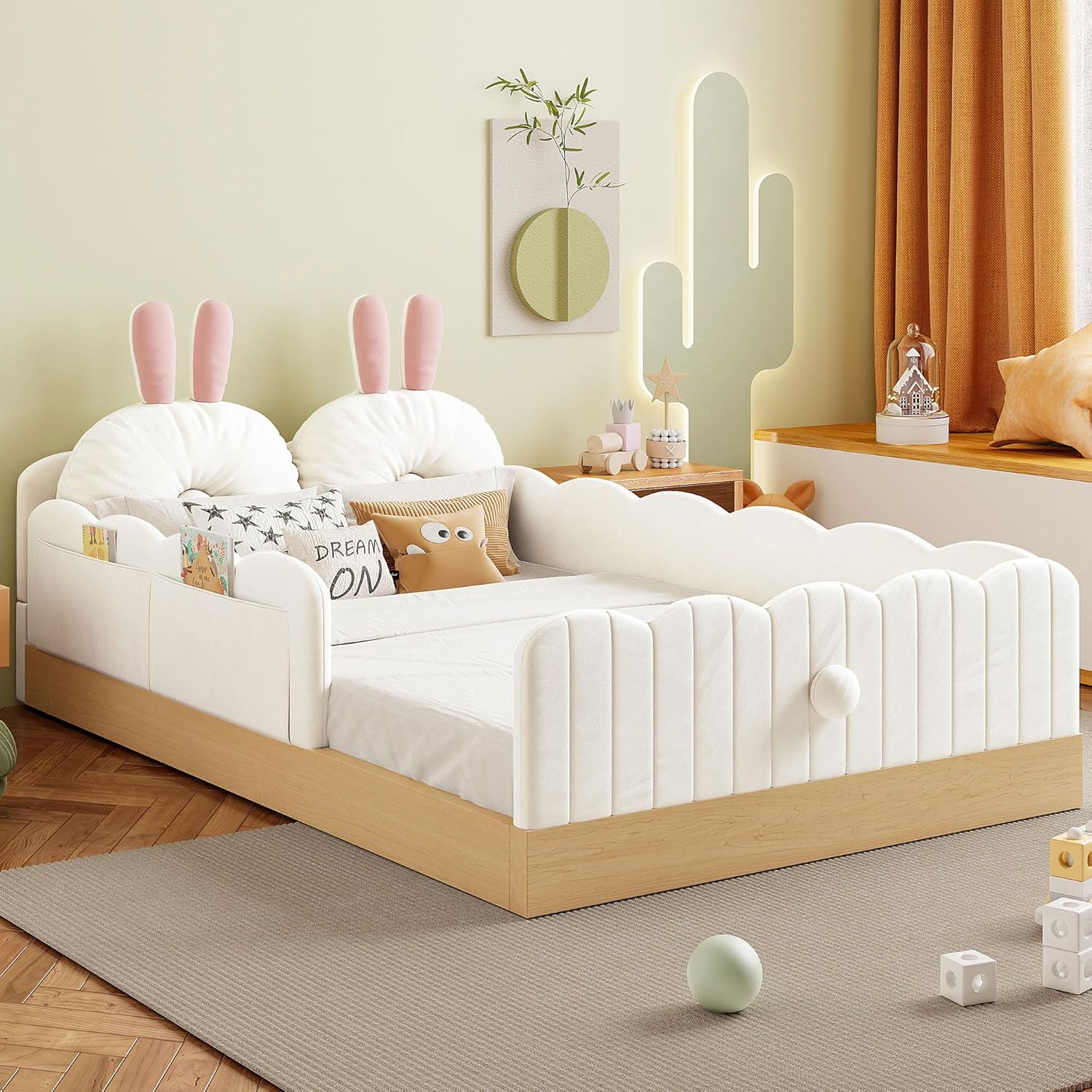 Lovely Twin Size Upholstered Platform Bed with 2 Soft Pillows and Storage Bags, Princess Bed Frame with Cute Rabbit Ear Shaped Headboard and Guardrails for Bedroom, No Box Spring Required (Beige-X52)