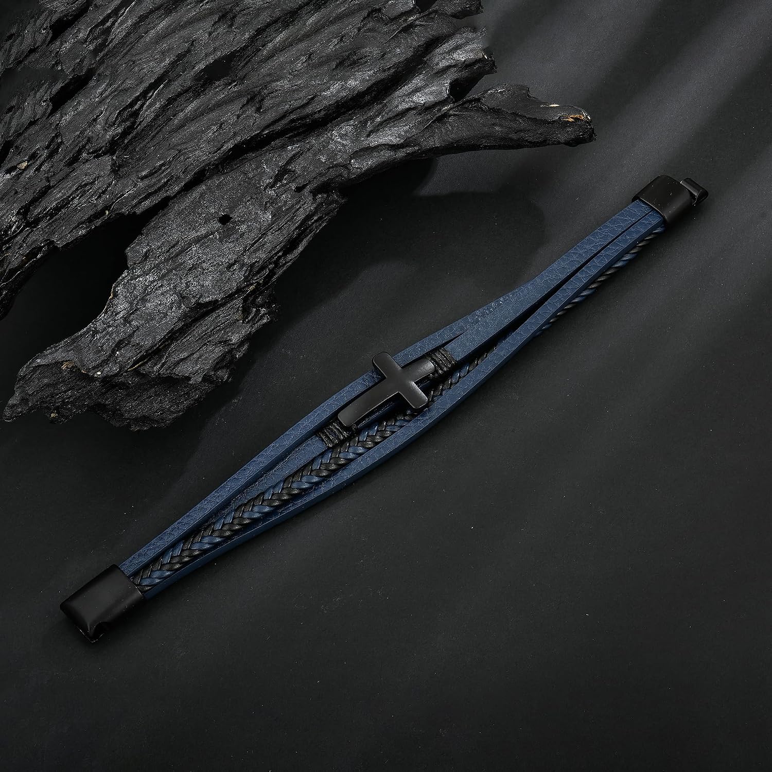 Mens Leather Cross Bracelet Multi-Layer Braided Faith Cross Bracelet for Religious Bangle Wristband Jewelry for Men Boys, 9.1 Inch, Navy blue