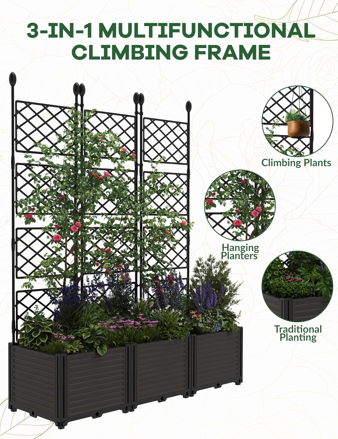 Diagram showing the modular components of the garden bed and trellis system.