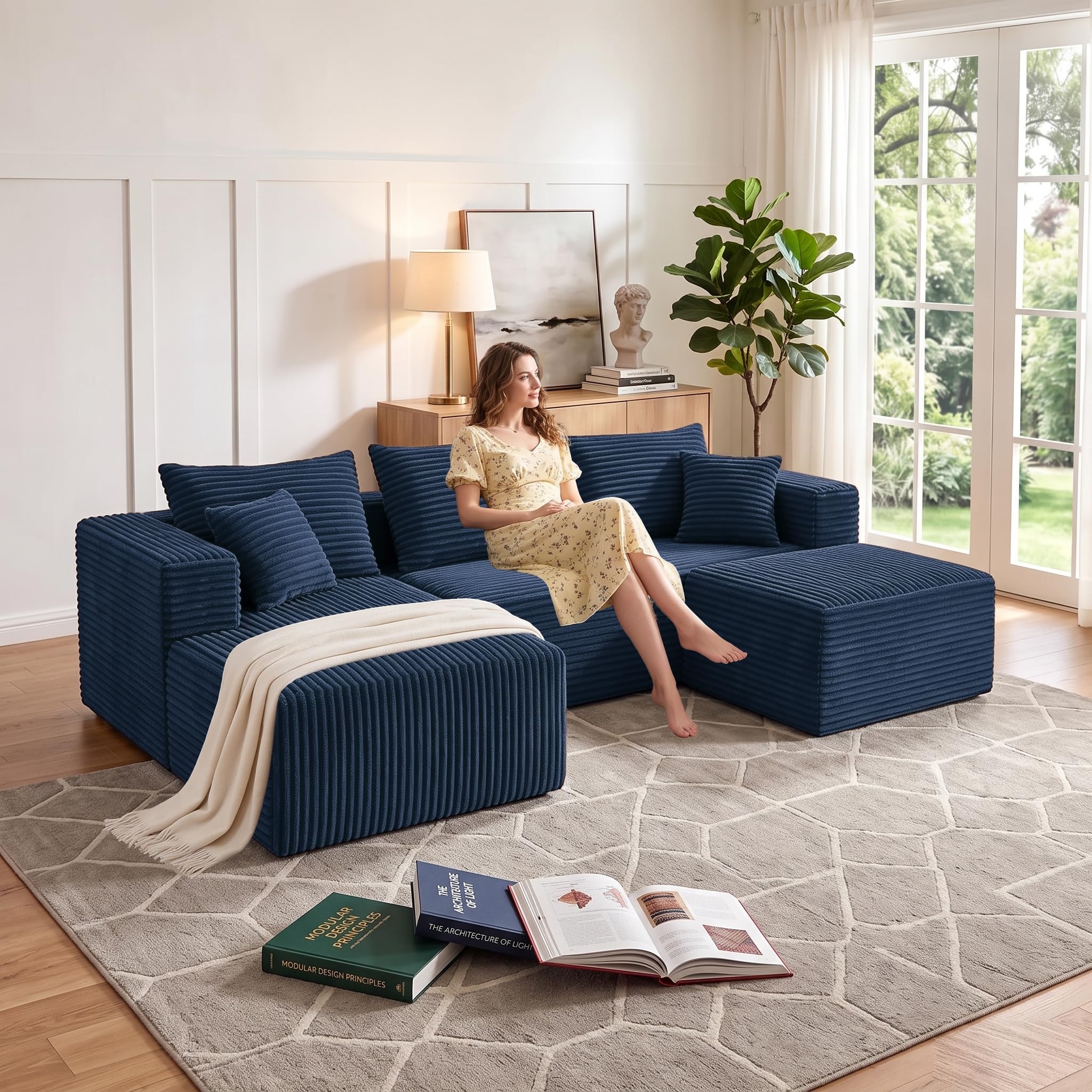 93" U-Shaped Boneless Couch, Corduroy Cloud Couch Sectional with Chaise and Ottoman, Deep Seat Modular Sectional Sofas for Living Room, No Assembly - Navy Blue (Left Facing Chaise)