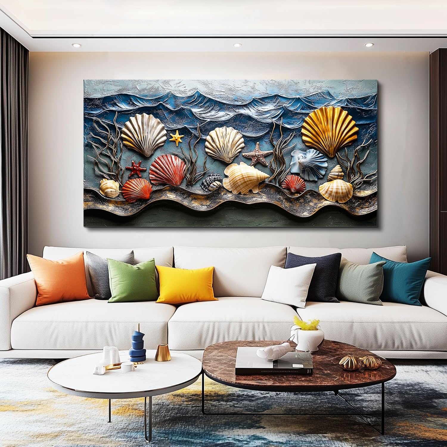 Lapremoly Large Beach Wall Art for Bedroom -Dining Room Wall Decor Ocean Painting Abstract Canvas Picture for Living Room Bathroom Kitchen Office Shells Starfish Modern Nautical Decoration 30"x 60"