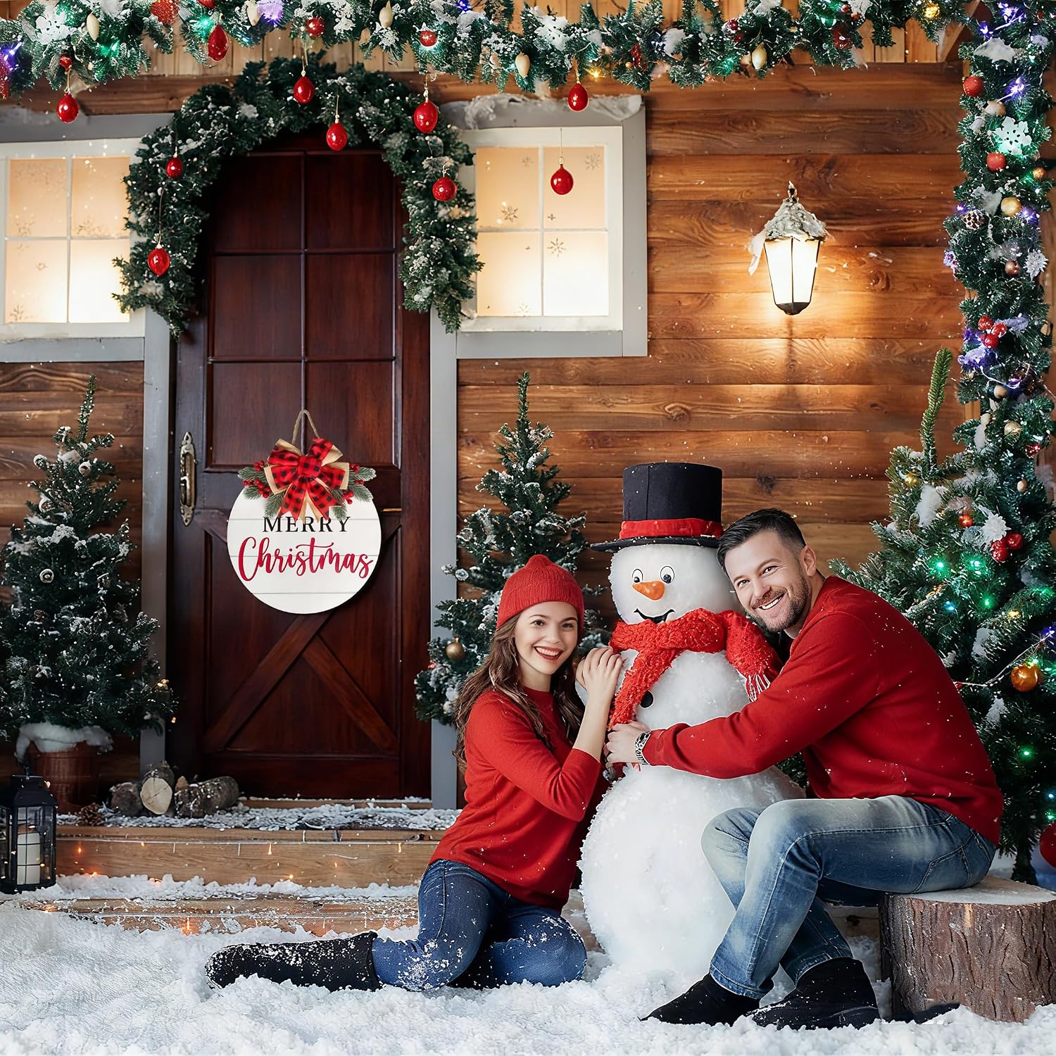 Merry Christmas Front Door Sign Vintage Wooden Xmas Hanging Wreath White Red Farmhouse Holiday Welcome Hanger for Tree Wall Window Porch Garden Home Decor Christmas Decoration Outdoor Indoor