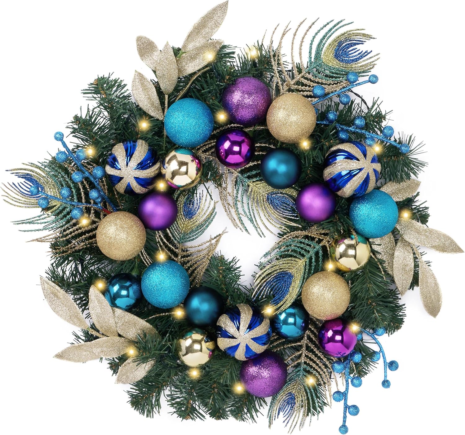 Valery Madelyn 24'' Pre-Lit Mardi Gras Wreath for Front Door with Lights, Lighted Peacock Feather Xmas Ball Wreath for New Orleans Masquerade Carnival Holiday Decoration