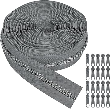 Grey #5 Zips for Sewing with 20pcs Zipper Pulls, 10 M/11 Yard