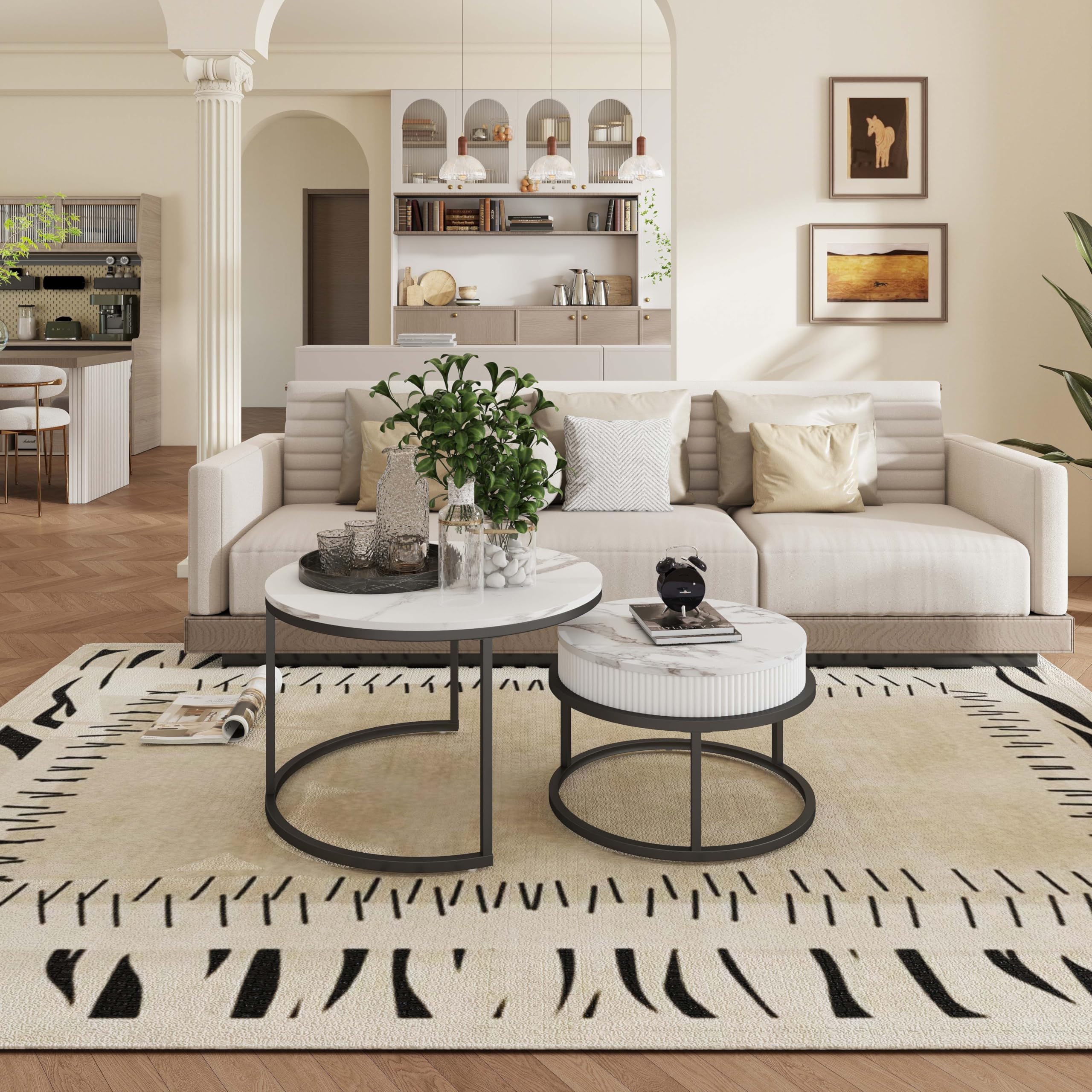 Tavolino da Divano, Tavolino Salotto Moderno Rotondo a cornice nera set di 2 pezzi, Tavolo Bianco con effetto marmo e cassetto