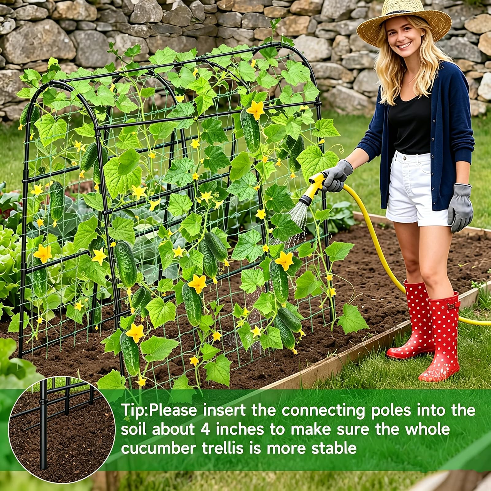 Gurken Rankhilfe 124x180x220cm, Stahlrohr Garten Rankgitter, mit Ranknetz & Klemmen, multifunktionale Pflanzenstütze für Kletterpflanzen, Tomaten, Gemüse, Blumen, Outdoor Garten Rankstütze (Schwarz)