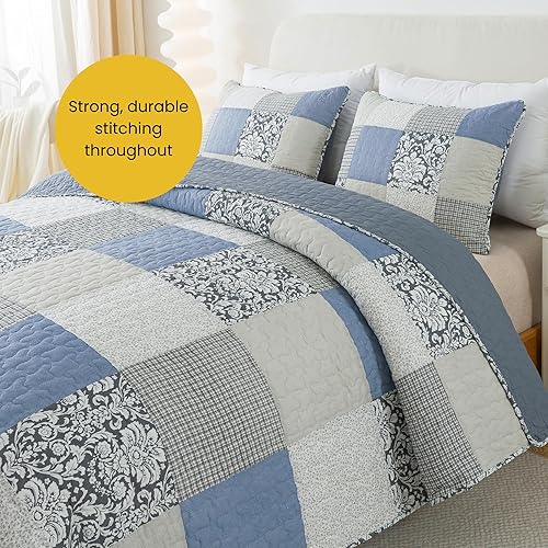 Miniatura 4 de SLPR Sweet Dreams - Juego de edredón de algodón, tamaño King con 2 fundas de almohada, ropa de cama de retazos en azul y gris, colcha acolchada