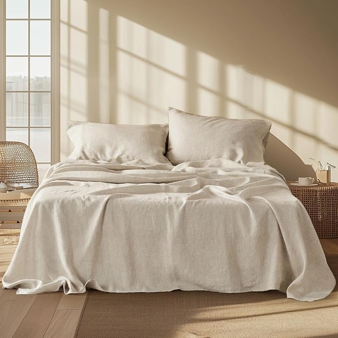 Bedsure Linen Sheets - Linen Bedsheets Queen Size Bed, Blend from Linen Cotton Sheets, Breathable & Soft Cotton Bedsheets, Gifts for All Seasons, 4 Pieces, Pure White