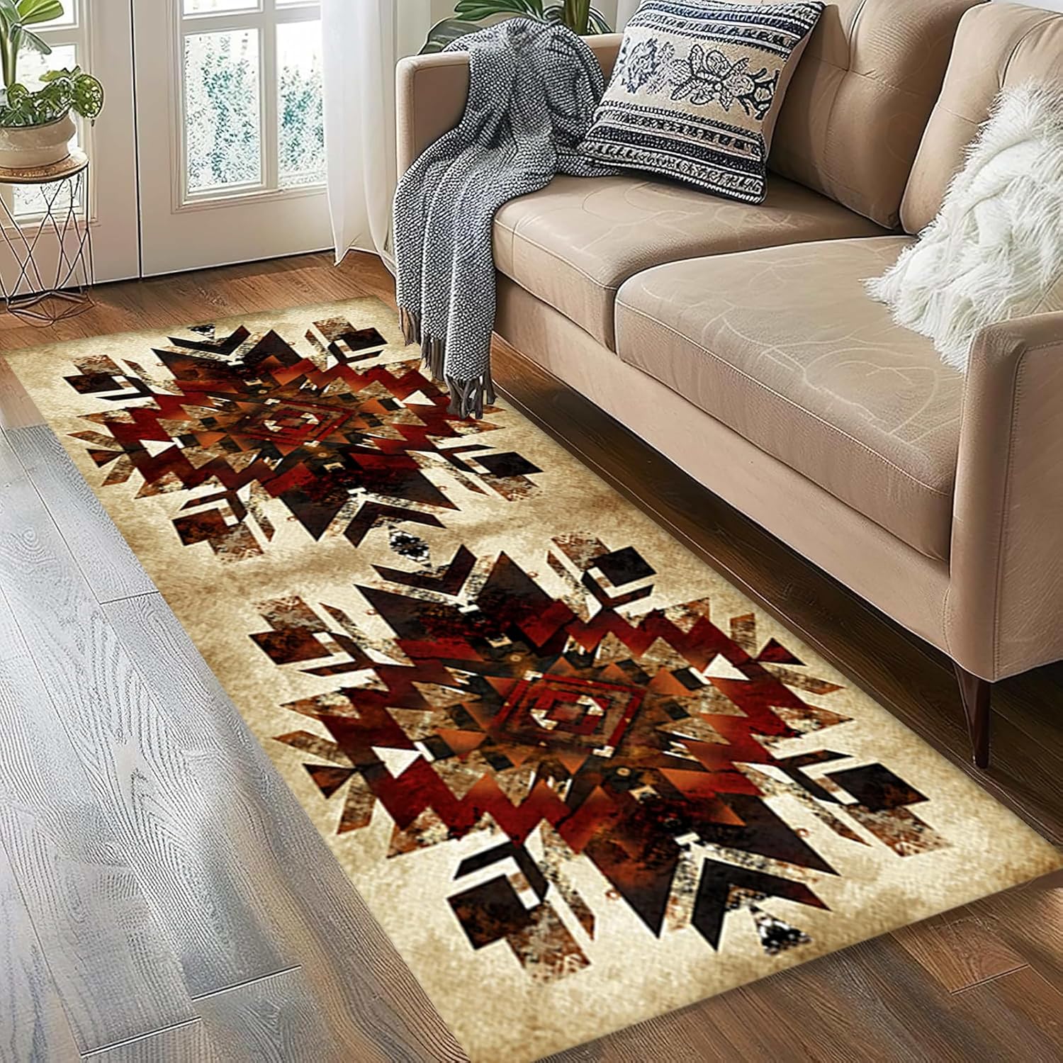Southwestern Tribal Runner Rug, 2x6ft, Native American Ethnic Pattern Print Distressed Aztec Retro Throw Rugs, Cozy Reduce Noise Western Decor Rugs for Living Room Bedroom