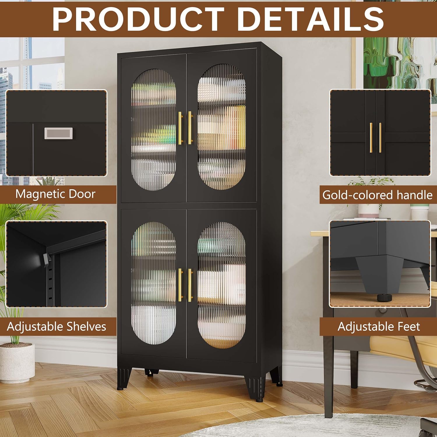 pozdeg Metal Storage Cabinet, 61" Pantry Kitchen Storage Cabinets with 4 Acrylic Glass Doors 4 Adjustable Shelves, Black Pantry Storage Cabinet for Kitchen, Laundry Room, Living Room (Black)