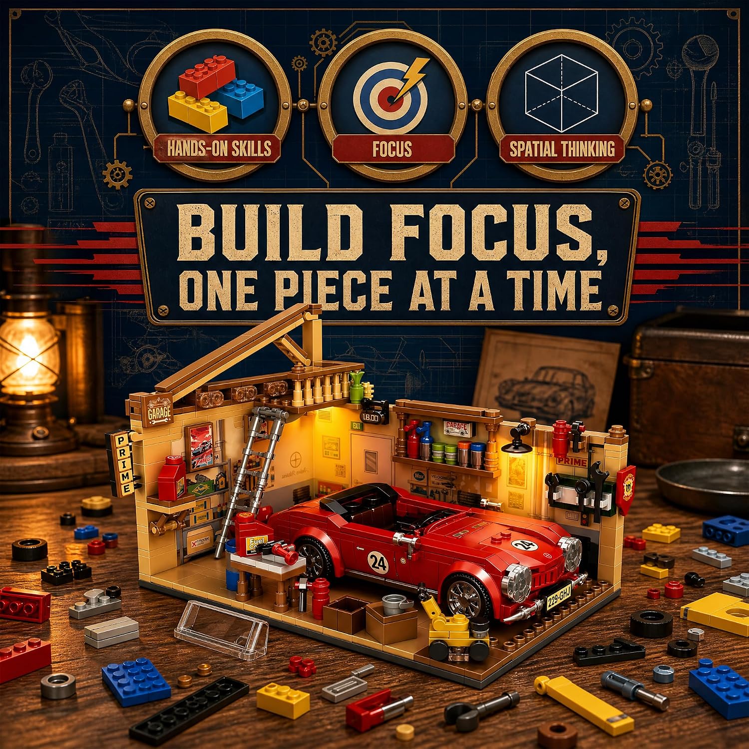 Vintage Race Car Garage Building Set, Collectible Diorama