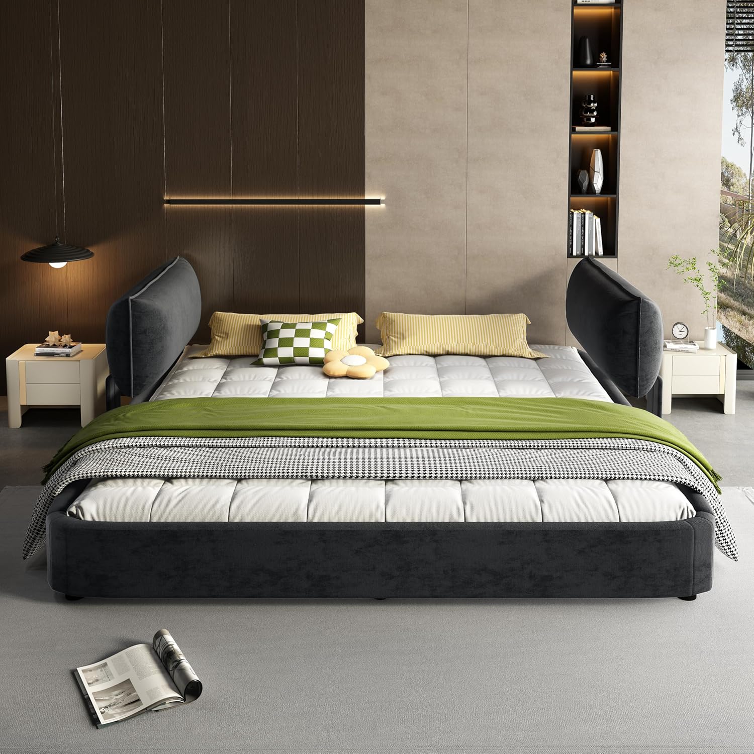 King Size Upholstered Bed Frame with Oversized Thick Swivel Headboard, Modern Luxury Chenille Cloud Platform Bed King with Round Corner, Elegant Grounded Soft Bedframe, Dark Grey