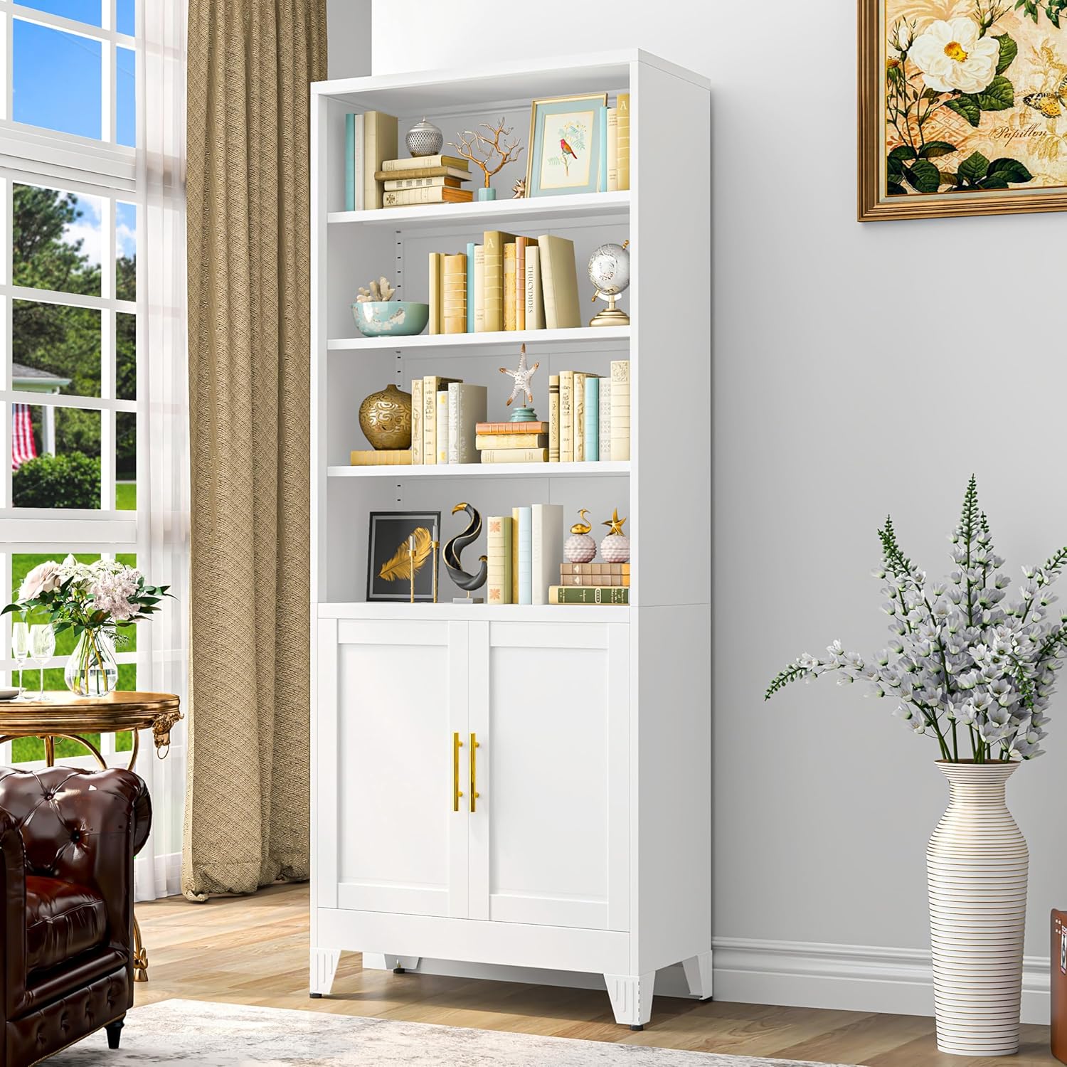 GAIOUS 71" Tall Metal Storage Cabinet with Doors and 4 Adjustable Shelves, 6-Tier Bookcase, Modern Floor Standing Display Cabinet, Industrial Bookshelf for Study Office Bedroom(White)