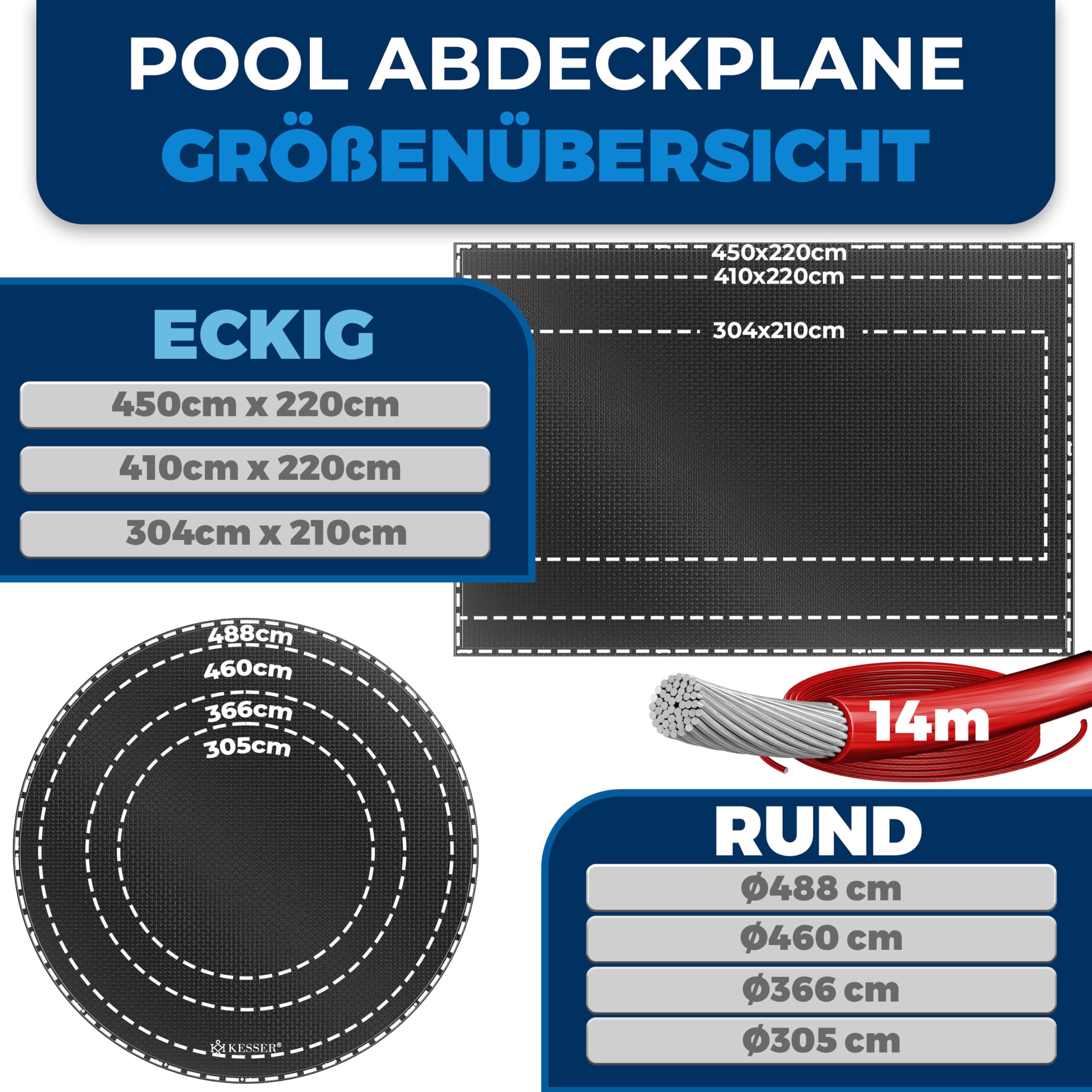 KESSER® Bâche de piscine solaire rectangulaire 304 x 210 cm 200 g/m² PE avec câble en acier + tendeur de câble avec œillets - Bâche solaire résistante aux UV et aux intempéries - Pour l'été et l'hiver