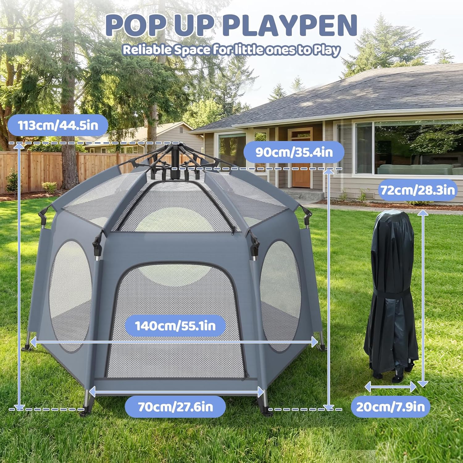 Pop Up Playpen - Instant Setup Portable Baby Playard with UV Canopy & Mosquito Net - Indoor Outdoor Travel Crib with Carry Bag Grey