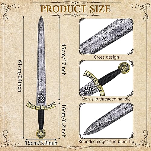 Miniatura 2 de 24" Knight Toy Sword, Plastic Roman Medieval Crusader Sword Warrior Costume Accessories for Halloween Cosplay