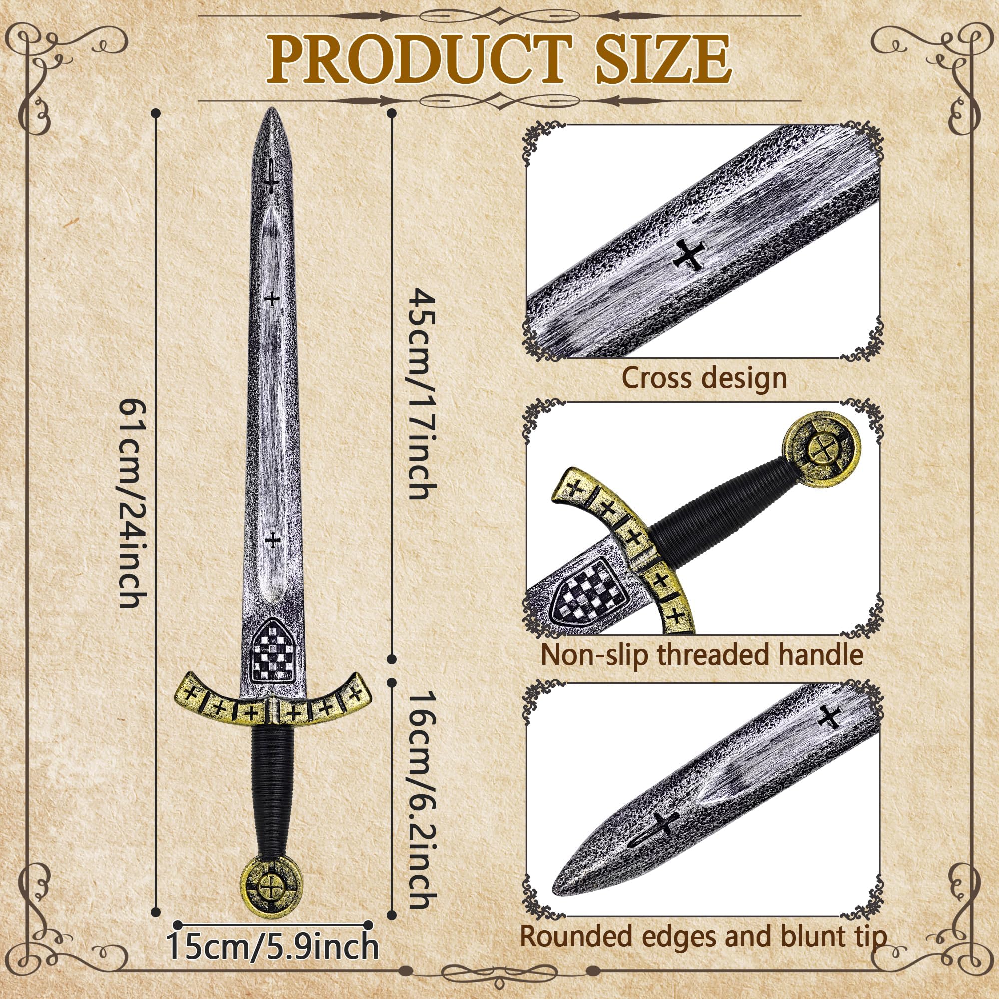 Vifcotlyp 61cm Knight Toy Sword, Plastic Roman Medieval Crusader Sword Warrior Costume Accessories for Halloween Cosplay (1 PCS) Gold - Image 2