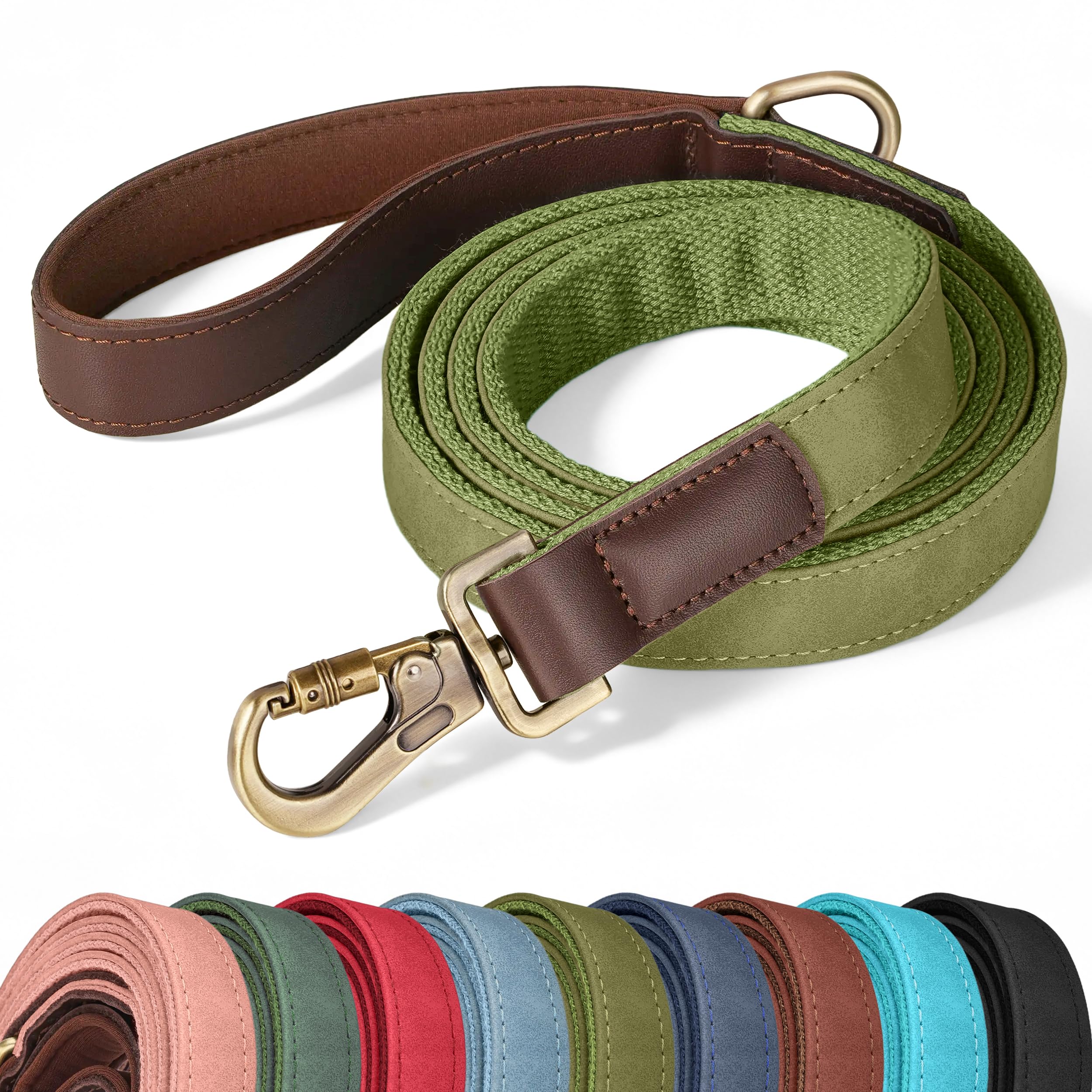 Didog PU Leather Dog Leash for Large Dogs, 6ft Padded Handle, Olive Green