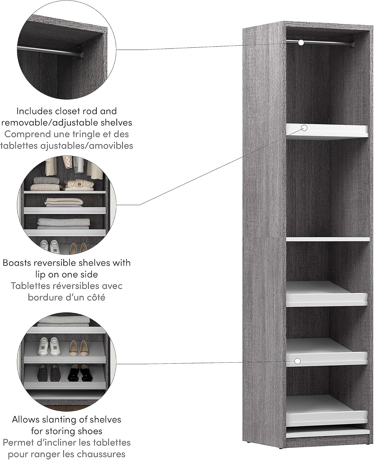Bestar Cielo Closet Organizer, 20-inch Bark Gray and White Wardrobe for Bedroom, Mudroom, Entryway, or Kitchen Pantry