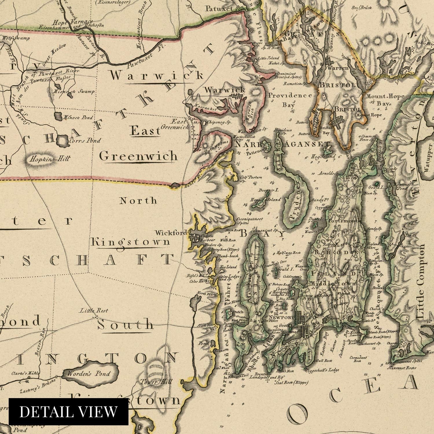 HISTORIX Vintage 1797 Rhode Island Map - 18x24 Inch Vintage Map of Rhode Island Wall Art Decor - Rhode Island Poster Shows Counties and Subdivisions - Place names in German and/or English