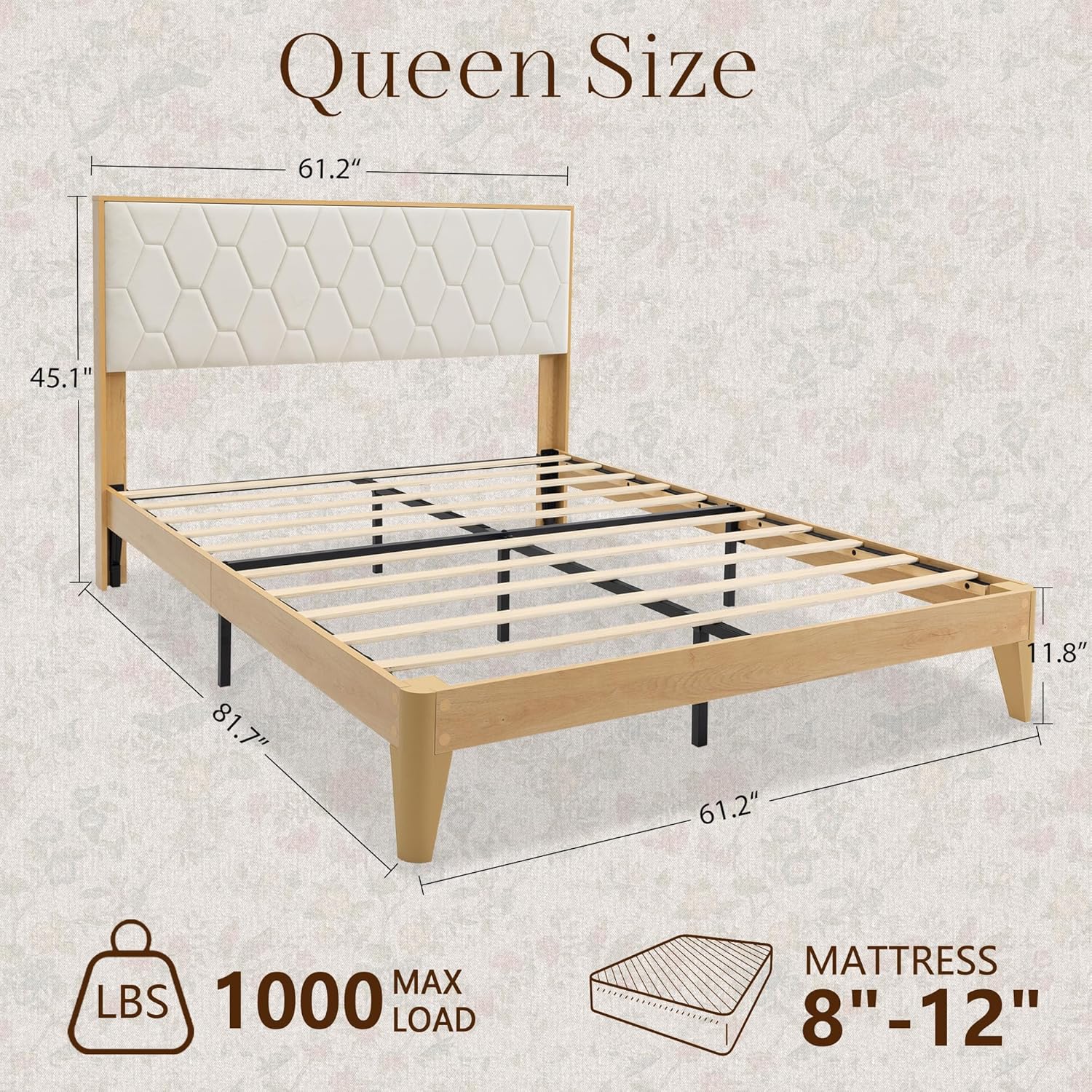 Yechen Boho Queen Wood Bed Frame with Headboard, Upholstered Queen Bed Frame, Wooden Platform with Under Bed Storage, Quick Setup Hook-and-Loop Slats, No Spring Needed, Natural