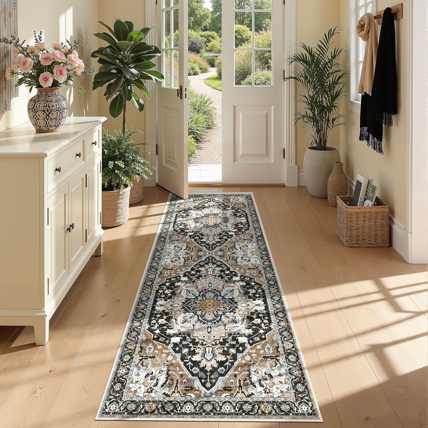 2x6 Black Boho Runner Rug - Washable Non-Slip Low Pile Hallway & Kitchen Rug - Stain Resistant Pet & Kids Friendly Carpet for Bedroom Side, Laundry, Bathroom, Foldable Long Floor Mat, Black Multi