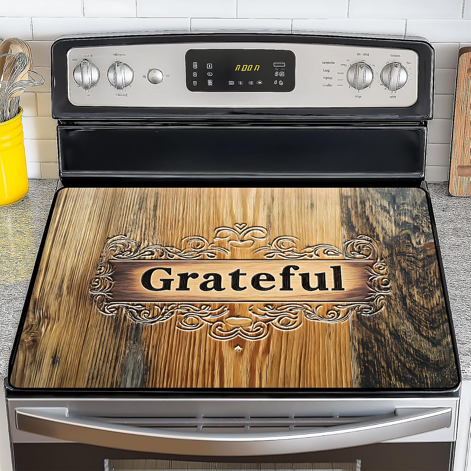 NYZE Gold Leaves & Cream Floral Stove Top Cover for Electric/Glass Stove, Flat Top Cooktop Protector, Electric Cooktop Cover, Extra Counter Space for Kitchen