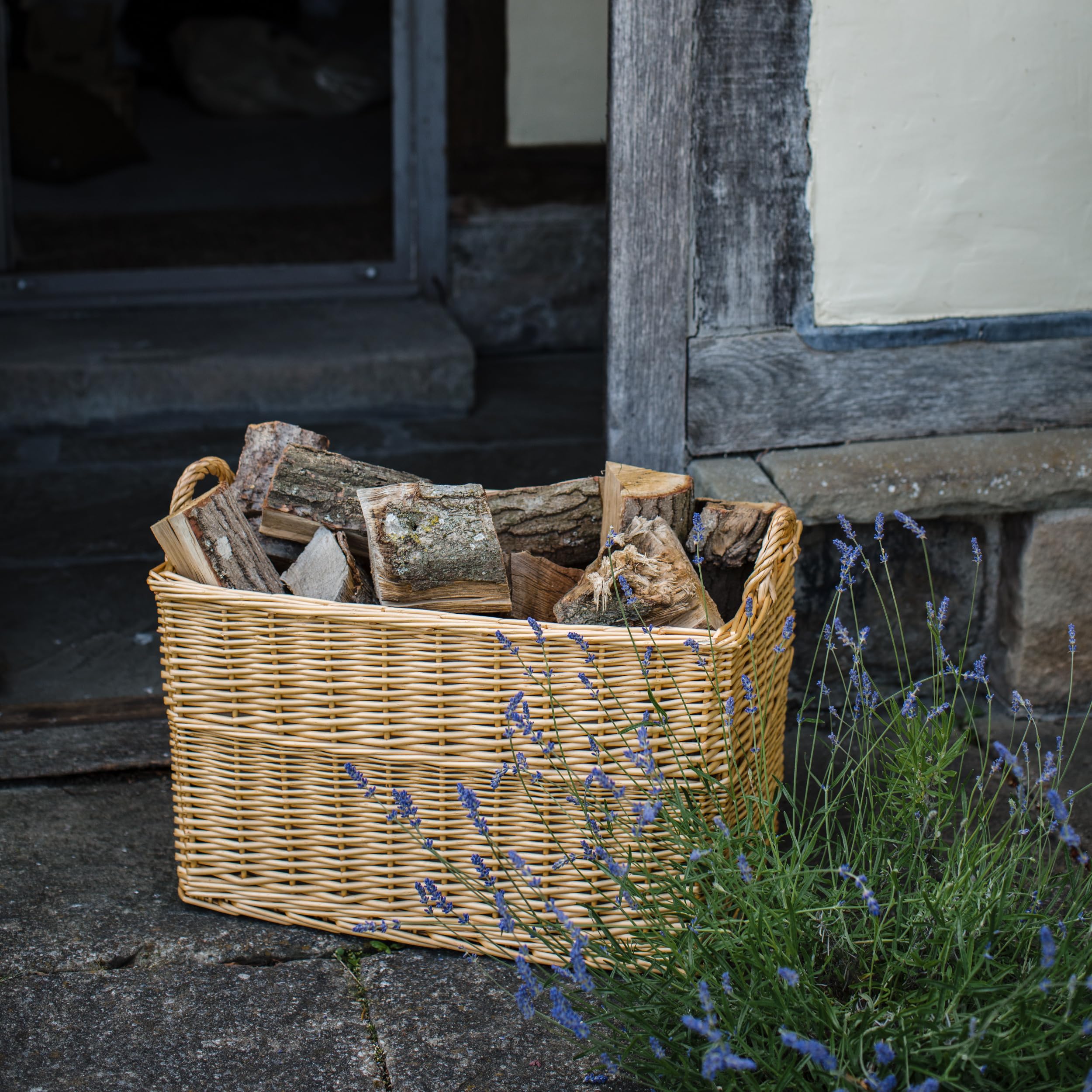 Panier de luxe rectangulaire en osier avec doublure et poignées (moyen, naturel)
