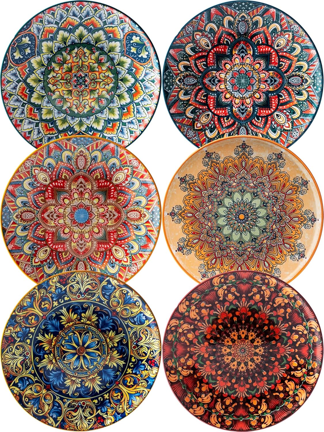 Small Dinner Plate Set of 6-8.5 Inch Ceramic Dessert Salad Plate, Microwave, Oven and Dishwasher Safe, Colorful Bohemian Style Dishes, Lightweight Round Plates for Kitchen