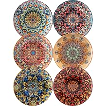 Small Dinner Plate Set of 6-8.5 Inch Ceramic Dessert Salad Plate, Microwave, Oven and Dishwasher Safe, Colorful Bohemian Style Dishes, Lightweight Round Plates for Kitchen