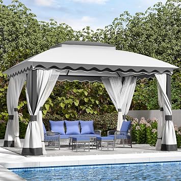 ZZW Outdoor Patio Gazebo 1013 Heavy Duty Gazebos with Mosquito Netting & Double Roof Metal Steel Frame Canopy Gazebo Tent Shelter for Patio Lawn Backyard Garden