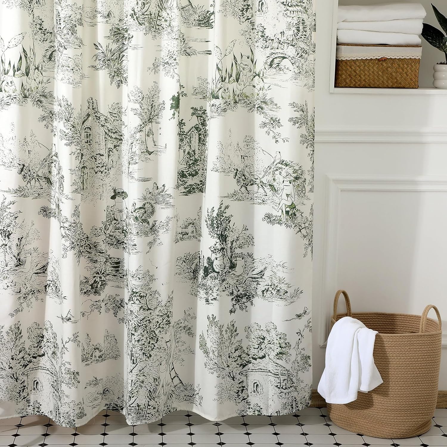 Mindsoft Vintage French Frog Toile Shower Curtain Cotton Print Curtain with 12 Metal Hooks Waterproof Bathroom Decor for Kitchen 18th Century Style Home Bath Accessories (Green,72x72 Inch)