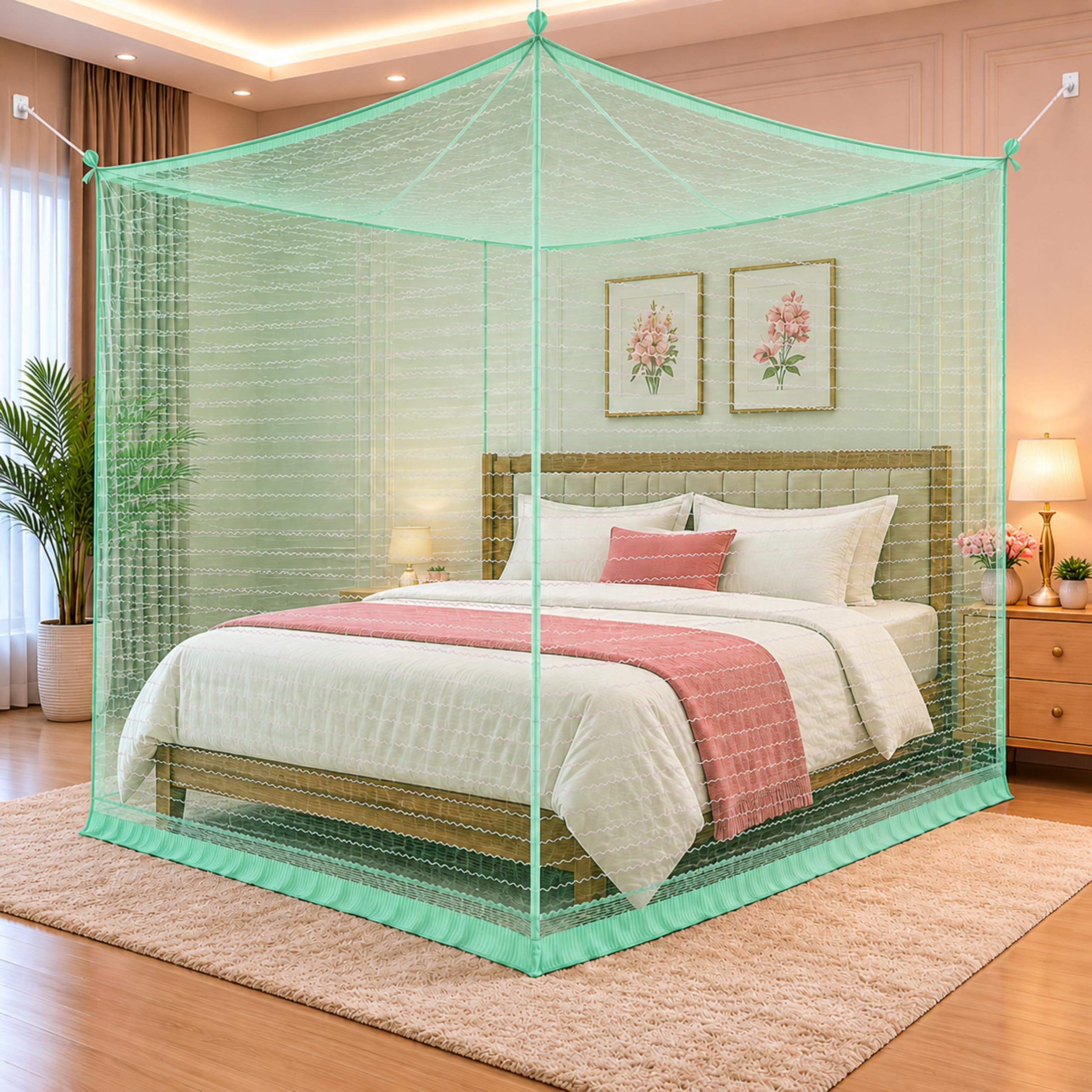 Mosquito Net for King Size Bed & Double Bed (6x7 ft, Wall/Hook Hanging) Poly-Cotton Blend Fabric, Wave Line Pattern, Pre-Fitted Bottom & Cotton Ribbon (Mint Lagoon)-image-32