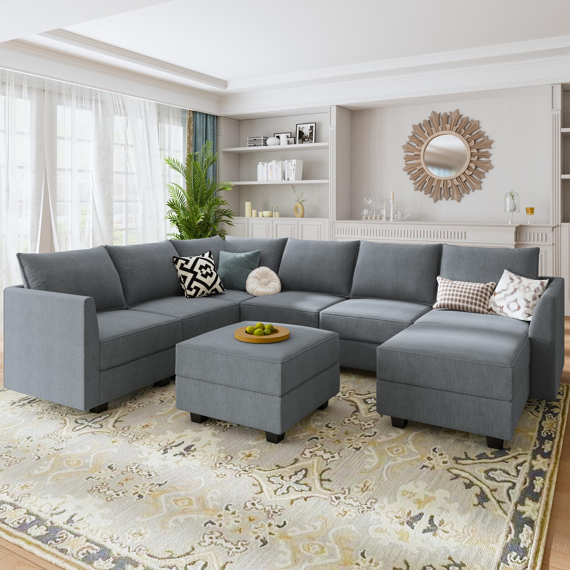 HONBAY Modular Sectional Sofa with Storage Seat Oversized U Shaped Modular Couch with Reversible Chaise Sectional Sleeper Sofa with Ottoman for Living Room, Bluish Grey