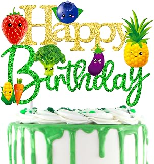 Vegetable and Fruit Theme Happy Birthday Cake Topper Summer Garden Birthday Party Decoration Fruit Vegetable Theme Birthday Party Cake Decor for Farmer Market Birthday Party Supplies