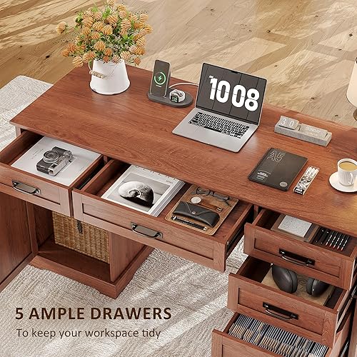 Miniatura 7 de Whalefall Escritorio de granja de 55 pulgadas para oficina en casa con cajones, escritorio ejecutivo para computadora de madera con archivador y