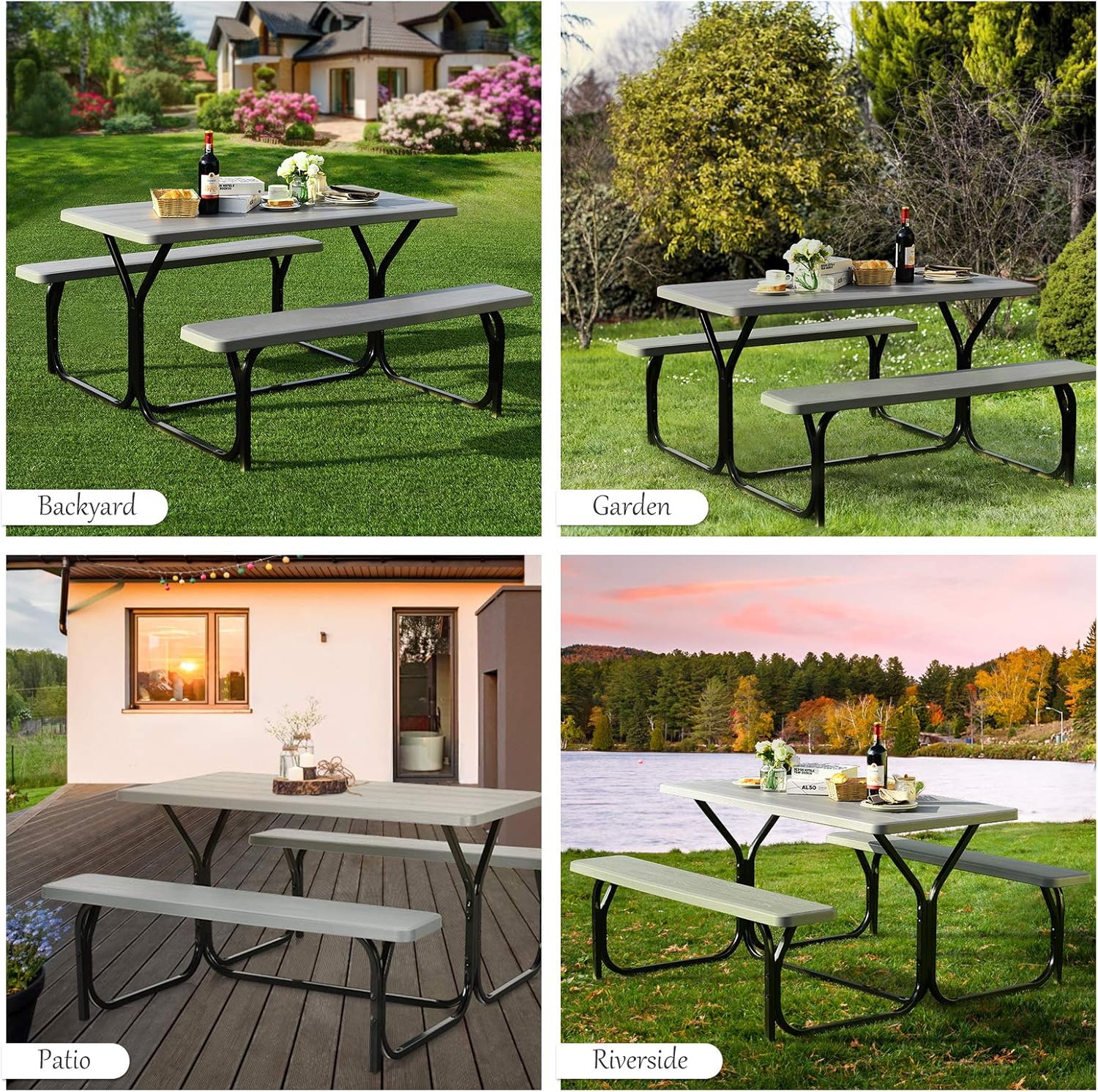 Giantex Picnic Table Bench Set Outdoor Camping All Weather Metal Base Wood-Like Texture Backyard Poolside Dining Party Garden Patio Lawn Deck Furniture Large Camping Picnic Tables for Adult (Gray) : Patio, Lawn & Garden