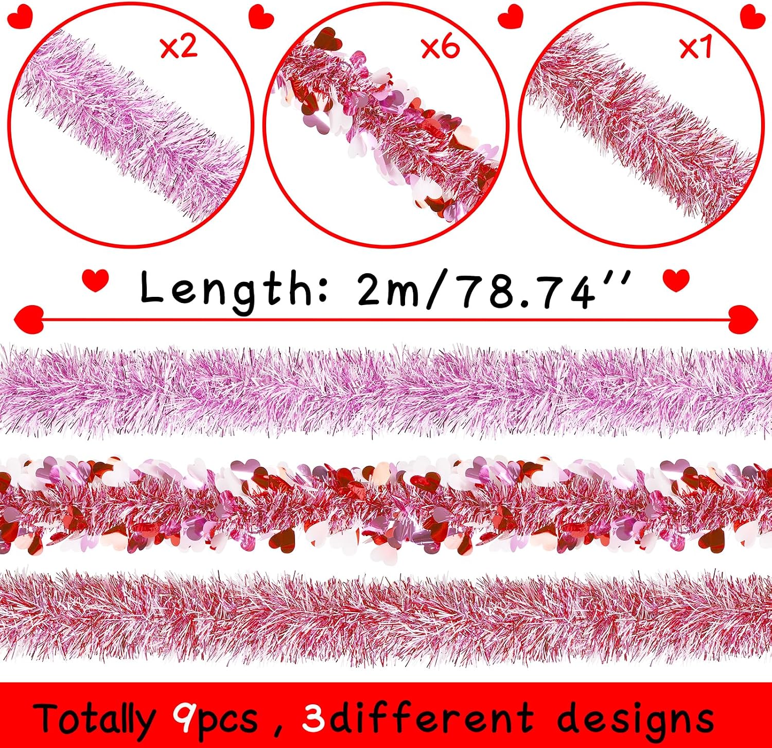 59.04FT 9PCS Valentines Pink Tinsel Garland Decorations for The Home - Valentine's Colorful Fringe Decor Valentine Outdoor Indoor Party Supplies