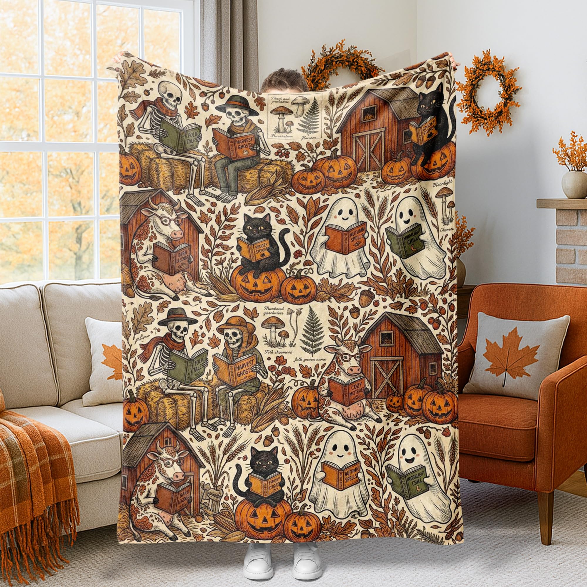 Couverture squelette Halloween orange en peluche douce 152x203 cm pour lit et canapé