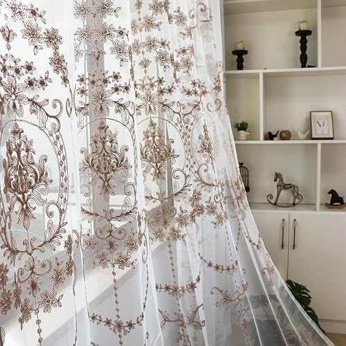 SLOW SOUL 2 Panels Brown European Style Sheer Curtain Embroi