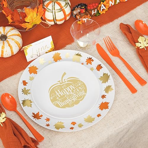 Miniatura 6 de Juego de vajilla de Acción de Gracias de 175 piezas con platos, vasos, cubiertos naranjas, tarjetas de lugar para 25 invitados