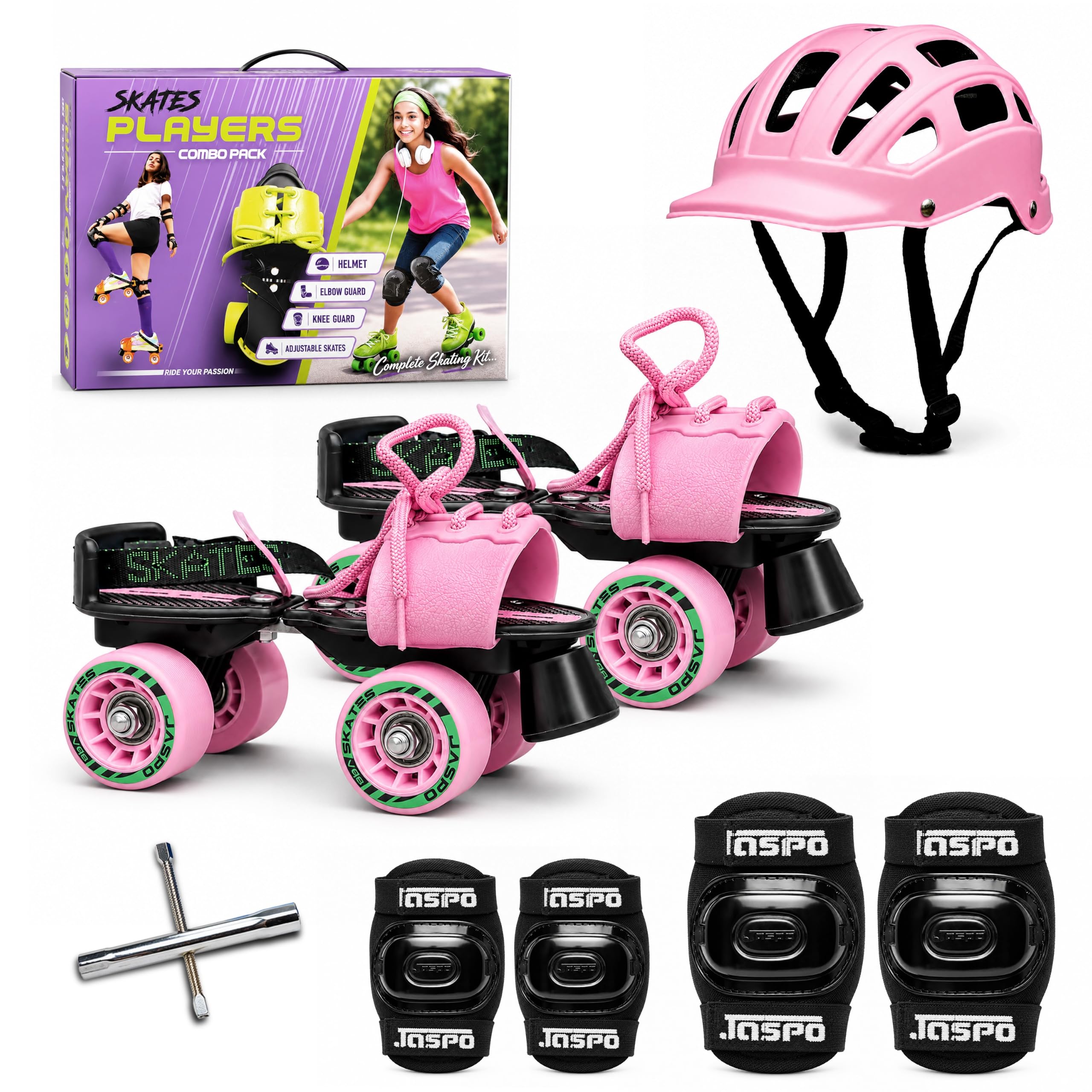 jaspo Unisex Cruiser Senior Players Quad Adjustable Outdoor Wheel Roller Skates Combo (Suitable For 6 To 14 Years) (Pink)-image-27