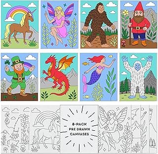 Pre Drawn Canvas for Painting for Kids Sip and Paint Kit Arts and Crafts Ages 8-12 Painting Kits Ages 4-8 Pre Stretched Canvas Mythical Creatures 8 pack 8" x 10" Includes Unicorn Dragon Mermaid Design