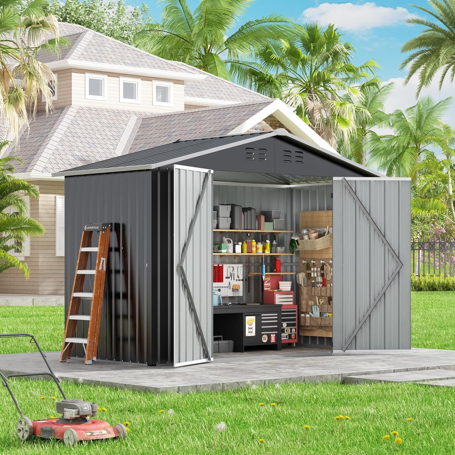 HOGYME 9x4 FT Storage Shed in backyard