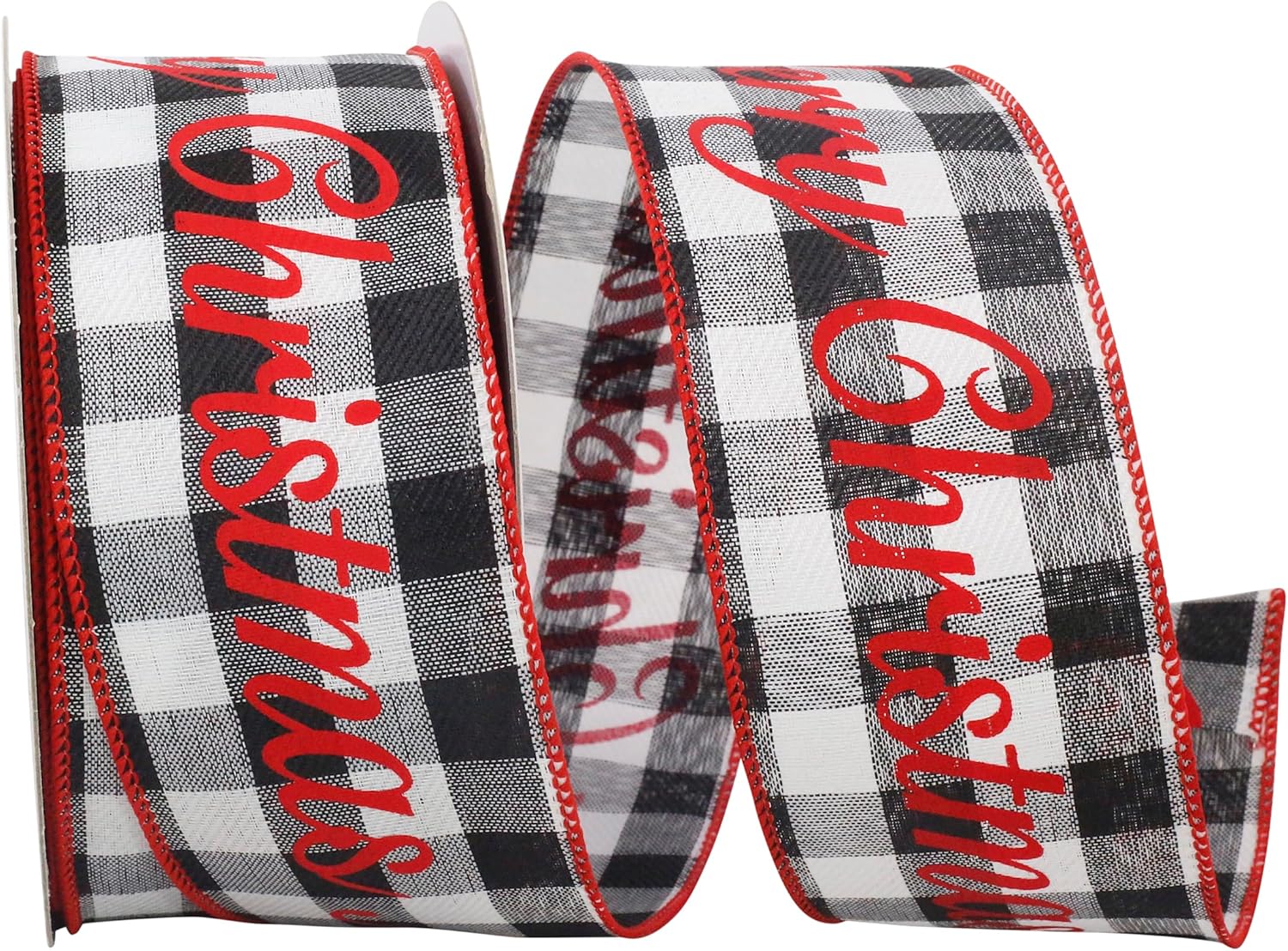 Reliant Ribbon Merry Christmas Celine Plaid Twill Wired Edge Ribbon, 2-1/2 Inch X 25 Yards, Black/white