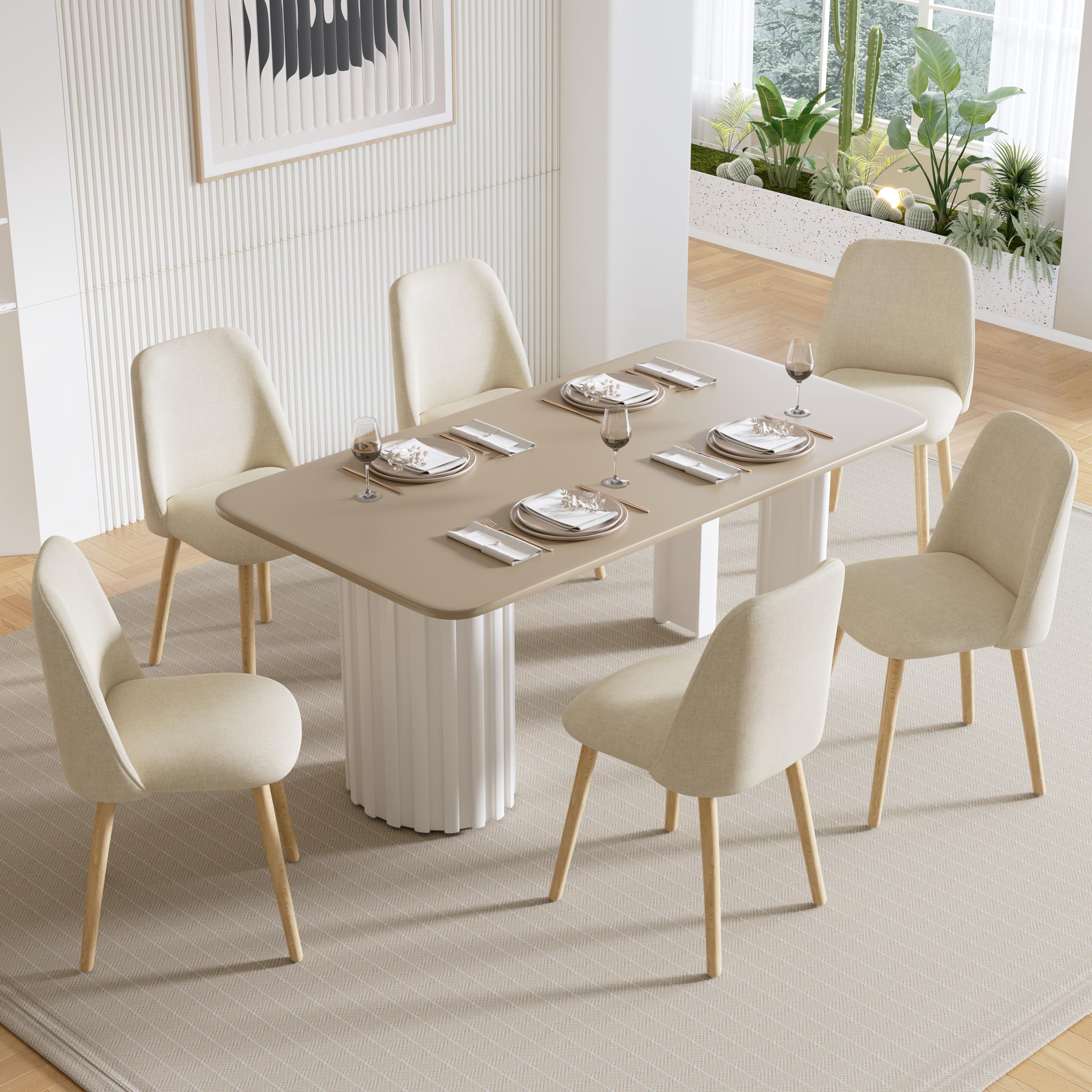 Juego de 6 sillas de Comedor con Patas de Madera y tapizadas de poliéster, para Comedor, Cocina, Oficina, Crema